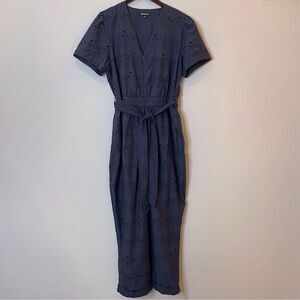 Whistles Zoe Broderie Jumpsuit Eyelet Self Tie Straight Leg Holiday Blue 12 NWOT